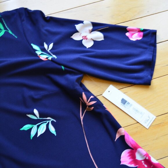Eliza J Navy Floral Sheath Midi Dress Elbow Sleeve Crew Neck Size 14 NWT - Picture 6 of 13